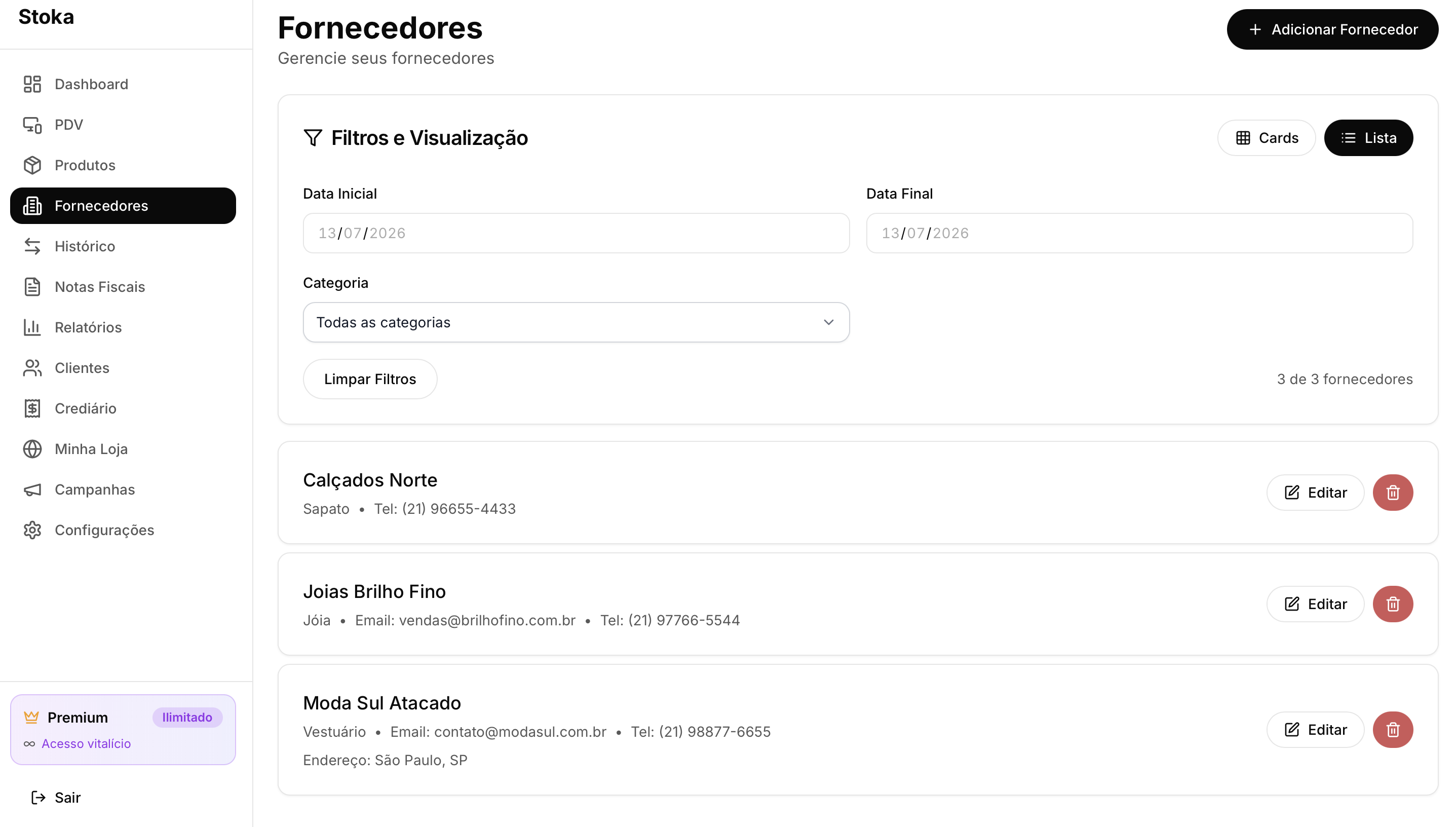 Fornecedores no Stoka: lista com filtros, categorias e contatos