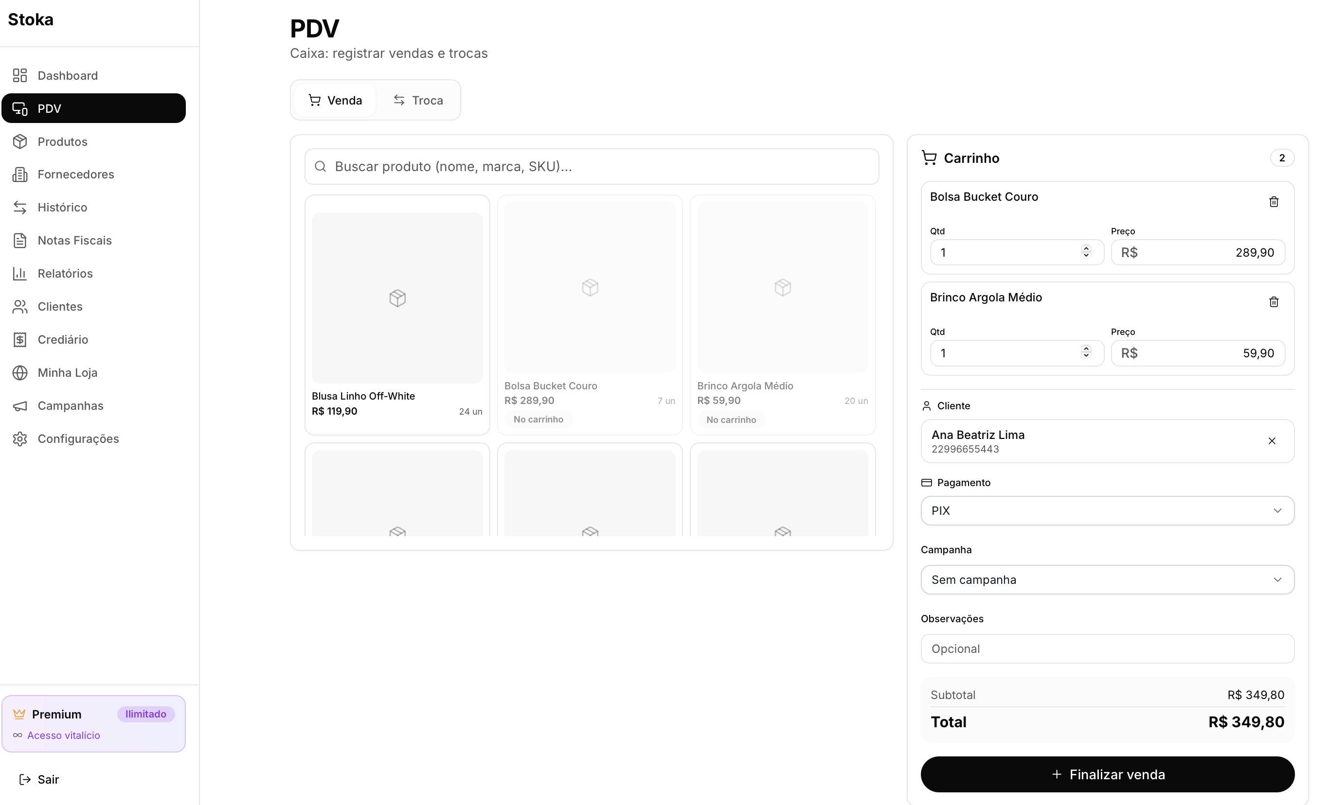 PDV do Stoka: busca de produtos, carrinho, cliente e pagamento